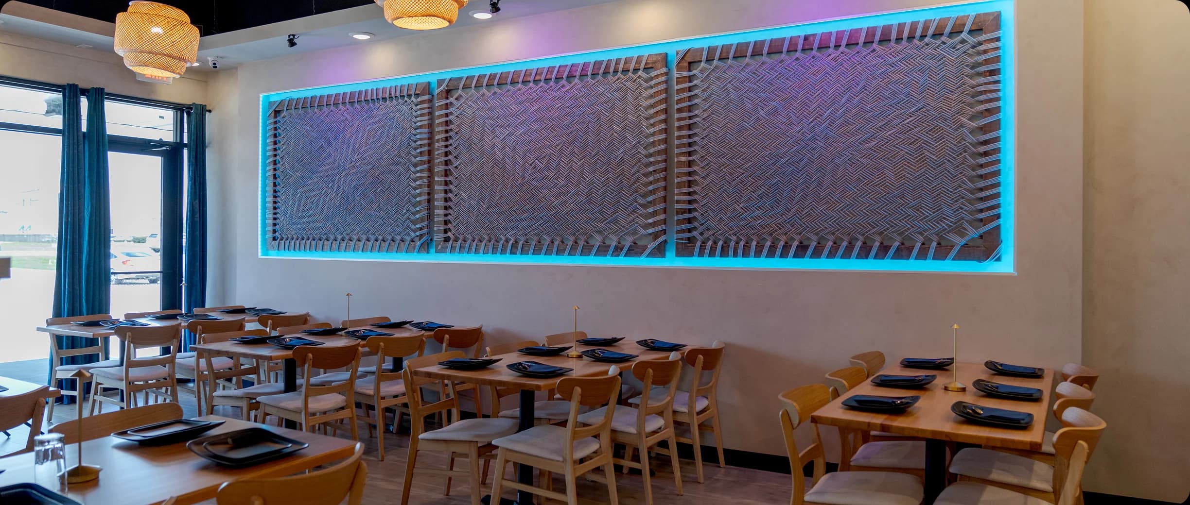Blue LED lights on textured wall